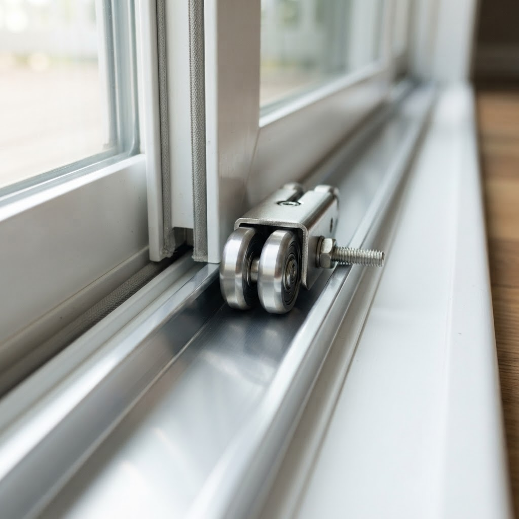 Restored sliding door track with new stainless rollers after repair